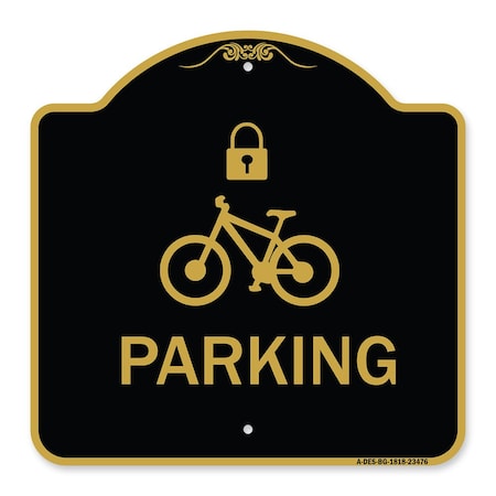 Signmission Parking With Cycle and Lock, Black & Gold Aluminum Architectural Sign, 18" x 18", BG-1818-23476 A-DES-BG-1818-23476
